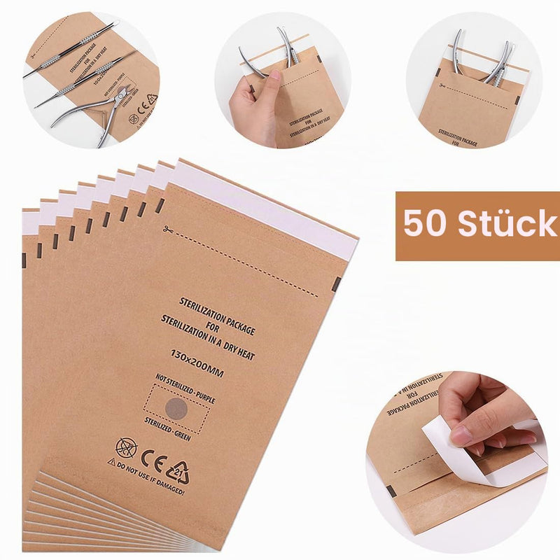 WeddHuis Pack of 50 Sterilisation Bags 130 x 200 mm Self-Adhesive for Manicure and Pedicure Tools, Cosmetic Instruments, Tattoo Supplies, Compatible with Steriliser and Autoclave