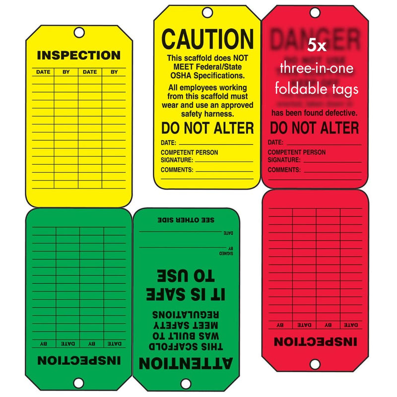 Accuform TSS200PTM RP-Plastic Scaffold Status Tag, Legend "Danger/Caution/Attention", 5.75" Length x 3.25" Width x 0.015" Thickness, Black on Green/Yellow/Red (Pack of 5)