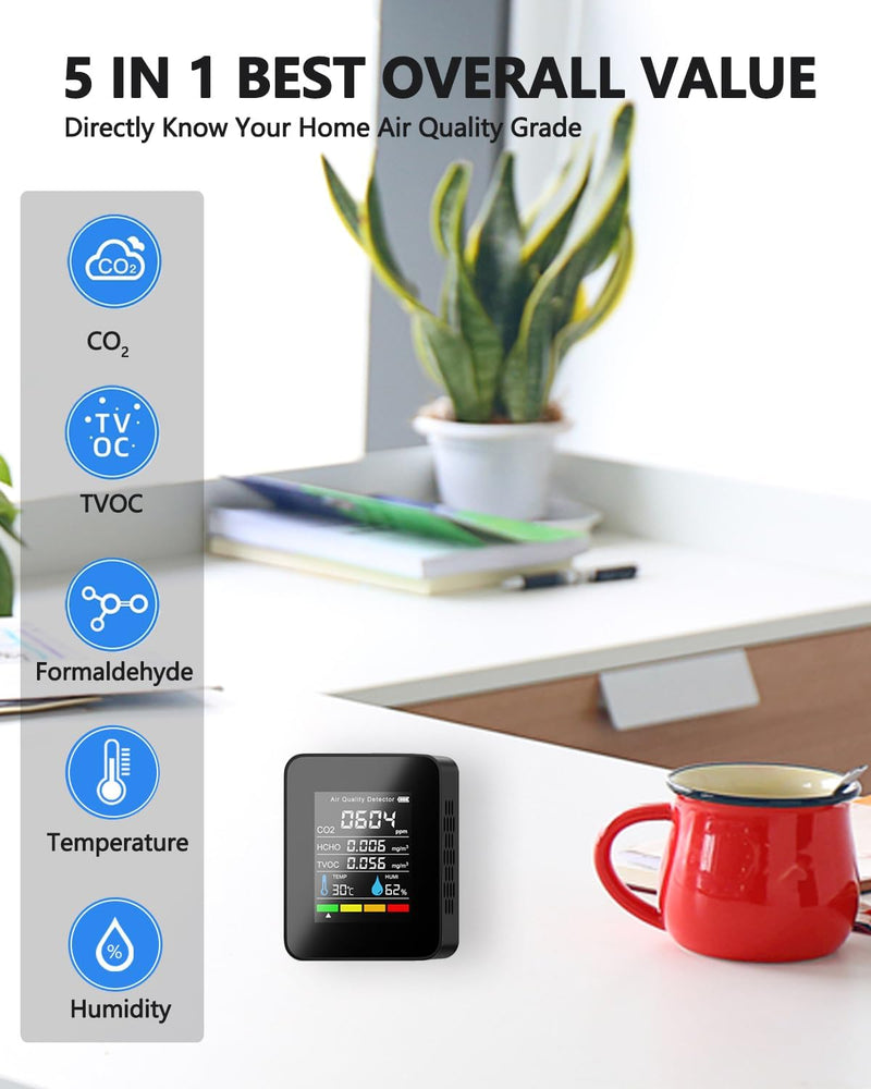 [Australia - AusPower] - Air Quality Monitor Indoor, Professional Portable CO2 Detector, TVOC HCHO Humidity Temperature Meter, Air Quality Tester Analyzer for Office Car 