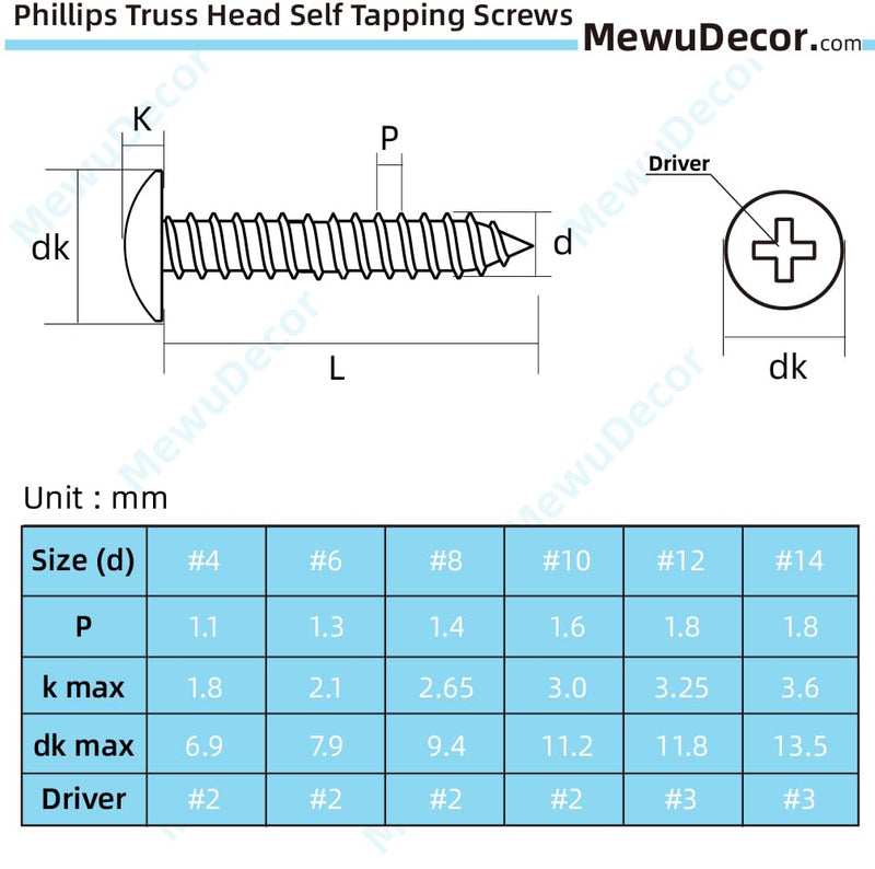 [Australia - AusPower] - #10 x 1-1/2" Truss Head Self Tapping Wood Screws Sheet Metal Screws, 304 Stainless Steel 18-8, 100 PCS #10 x 1-1/2" 