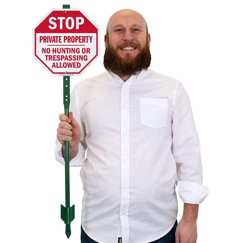 SmartSign 10 x 10 inch “Stop - Private Property, No Hunting Or Trespassing Allowed” LawnBoss Yard Sign with 3 foot Stake, 40 mil Laminated Rustproof Aluminum, Red and White, Set of 1
