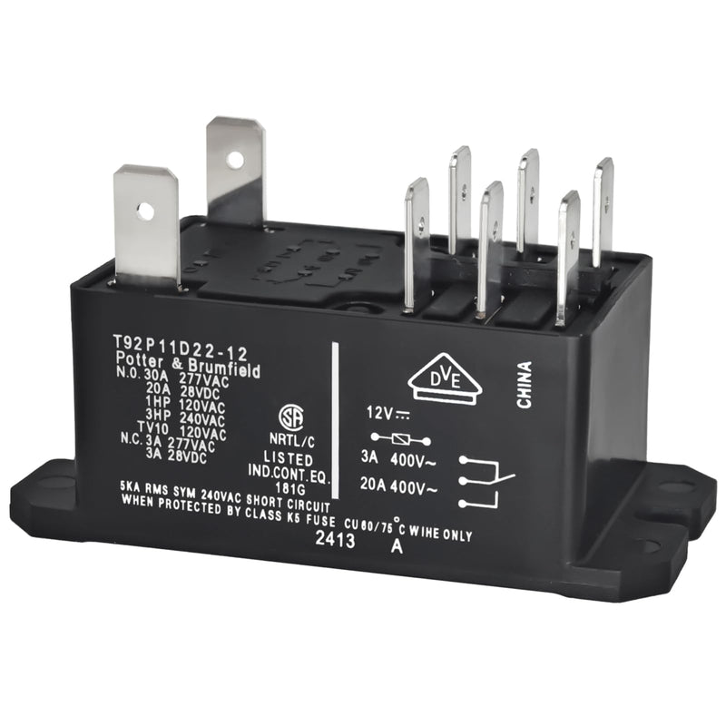 T92P11D22-12 Power Relay (Pack of 2) - DPDT, 12V DC Coil, 30A 120/277VAC General Purpose Relay