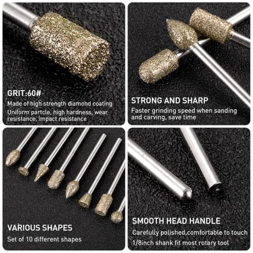 shengbenhao 20pcs Diamond Grinding Points Set 60 Grit Diamond Cutter Set | Diamond Burr Compatible with Dremel Rotary Tool with 1/8 Inch Shank for Stone Glass Ceramic, Grinding, Carving, Drilling