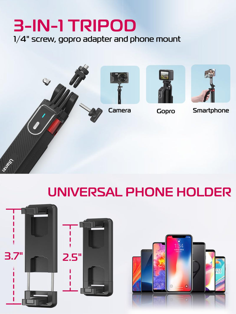 [Australia - AusPower] - ULANZI MA09 Extendable Phone Tripod, 71" Selfie Stick Phone Vlog Tripod Stand Quadrapod with All in 1 Phone Clip, Travel Tripod Phone Holder with Rechargeable Remote for iPhone Sony Canon GoPro MA09 Tripod 