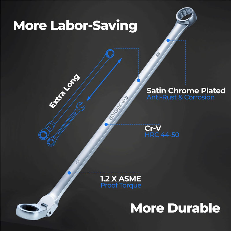 toolant Extra Long Ratcheting Wrench, Flex Head & Fixed Offset Head Double Box End Combination Wrench, CR-V Steel, Metric 24mm 24 mm