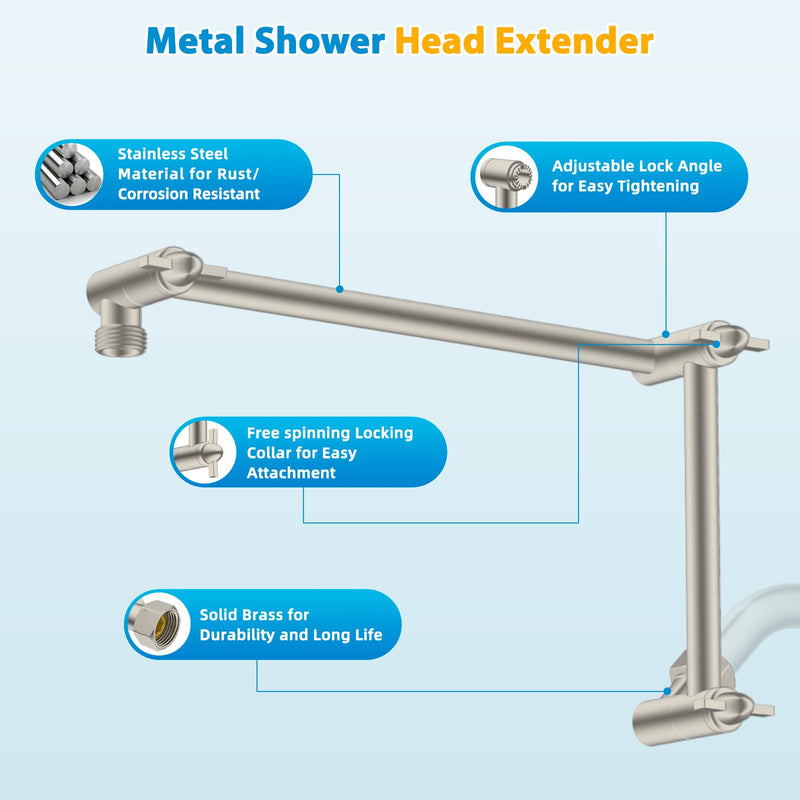 iFealClear All Metal 16" Shower Head Extension Arm, Solid Brass Shower Head Extender Adjustable Height Angle, G1/2 Universal Connection Stainless Steel Rain Showerhead Pipe, Lock Joint, Brushed Nickel 16 Inch