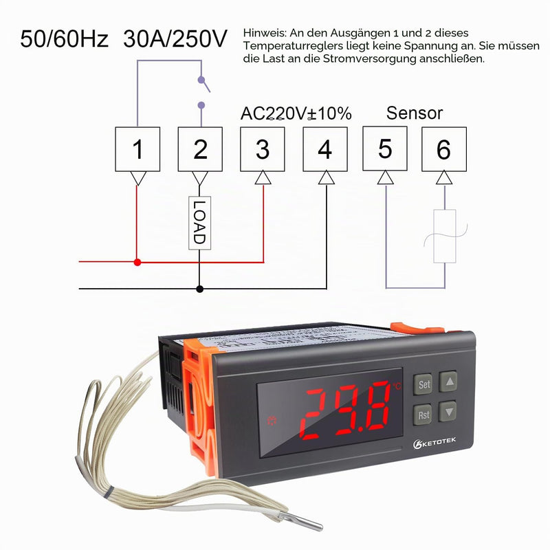 KETOTEK Temperature Controller with Sensor 230 V 30 A, Digital Thermostat Relay -30 °C ~ 300 °C, Temperature Switch Cooling Heating Temperature Control for Incubator Reptiles 30 A -30 ~ 300 °C