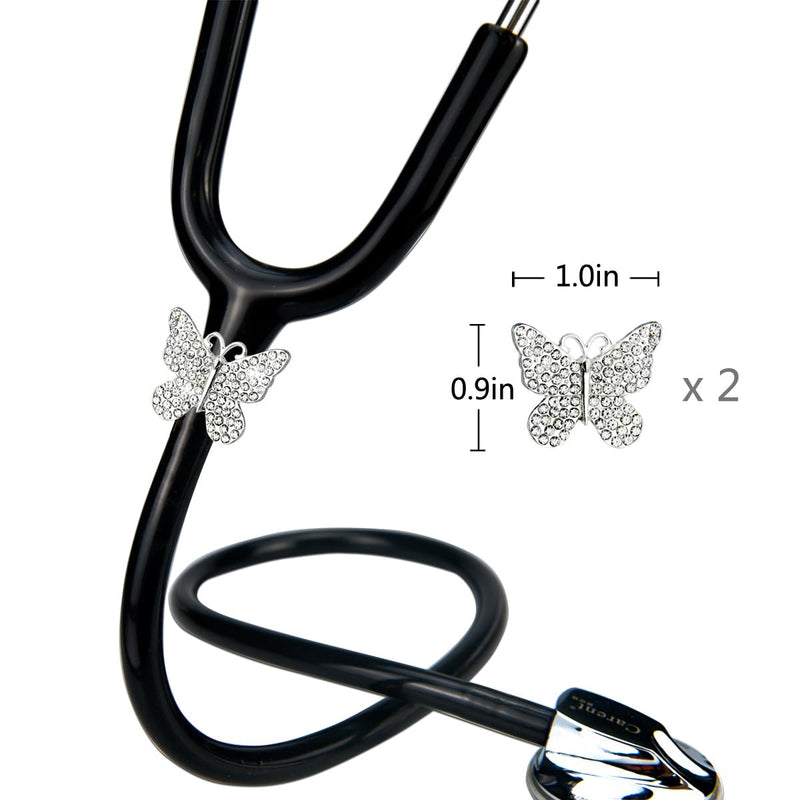 [Australia - AusPower] - 2 Pack Bling Butterfly Stethoscope Charms for Doctor Nurse, Stethoscope Id Name Tag with Bling Silvery Rhinestones 