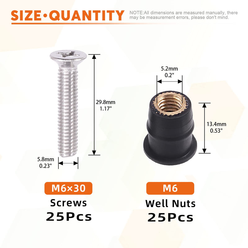 [Australia - AusPower] - 50Pcs M6 Neoprene Well Nuts with Stainless Steel Screws Bolts Rubber Well Nuts Fairing Fasteners Assortment Kit for Motorcycle Kayak Boats 