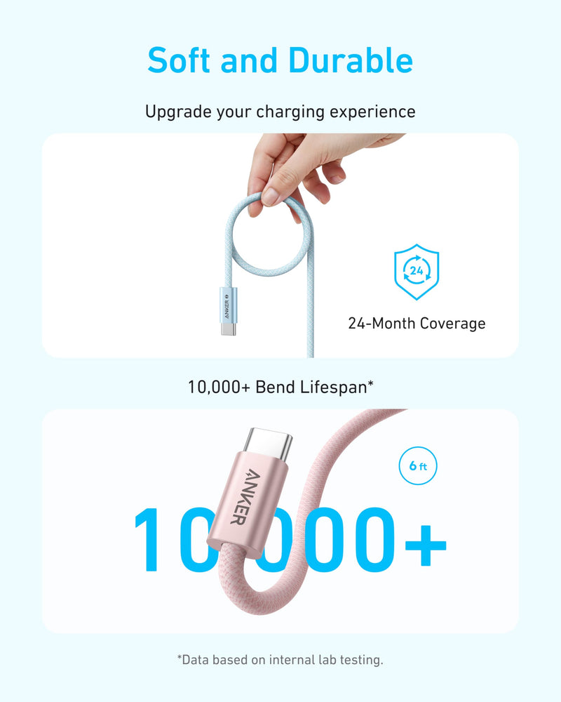 Anker Zolo USB C to USB C Cable, Braided and Dirt-Free Type-C Fast Charging Cable, Slim Connector, for iPhone 17 Series, MacBook (240W) (White, 6FT) (Pack of 2) 6ft (Pack of 2) White