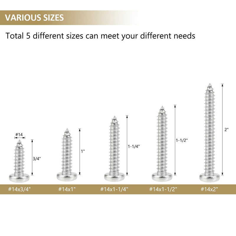 [Australia - AusPower] - 50 Pieces #14 x 3/4" 1" 1-1/4" 1-1/2" 2" Phillips Pan Head Self-Tapping Screws, Wood Screws Assortment Kit, 304 Stainless Steel 