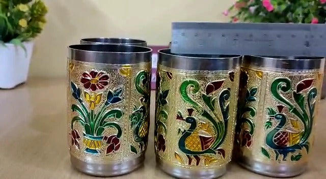 Rastogi Handicrafts Set of 6 Stainless Steel Glass Indian Handmade Meena Patchwork Peacock Design Golden Silver Color Diwali Christmas Tumbler Gift Set item (Golden)