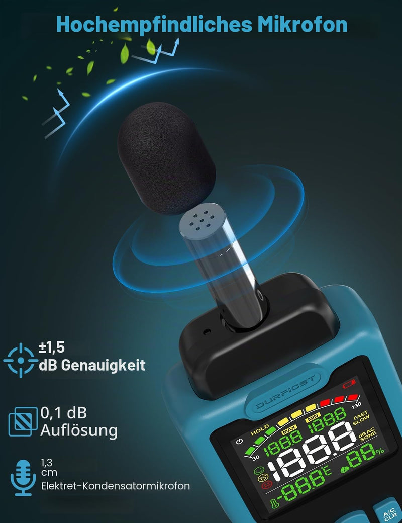DURFICST Decibel Meter 30-130dB Meter with Temperature Humidity | Sound level meter with LCD color display, AC rating, dB/SONE unit, fast/slow response time