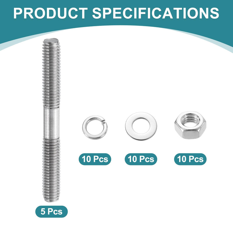 [Australia - AusPower] - uxcell 5pcs Double Ended Stud Screws, M8x70mm 304 Stainless Steel Dual Threaded Rod Bolts with Nuts and Flat & Lock Washers Double End Threaded Stud Screw Bolt for House Maintenance 5 