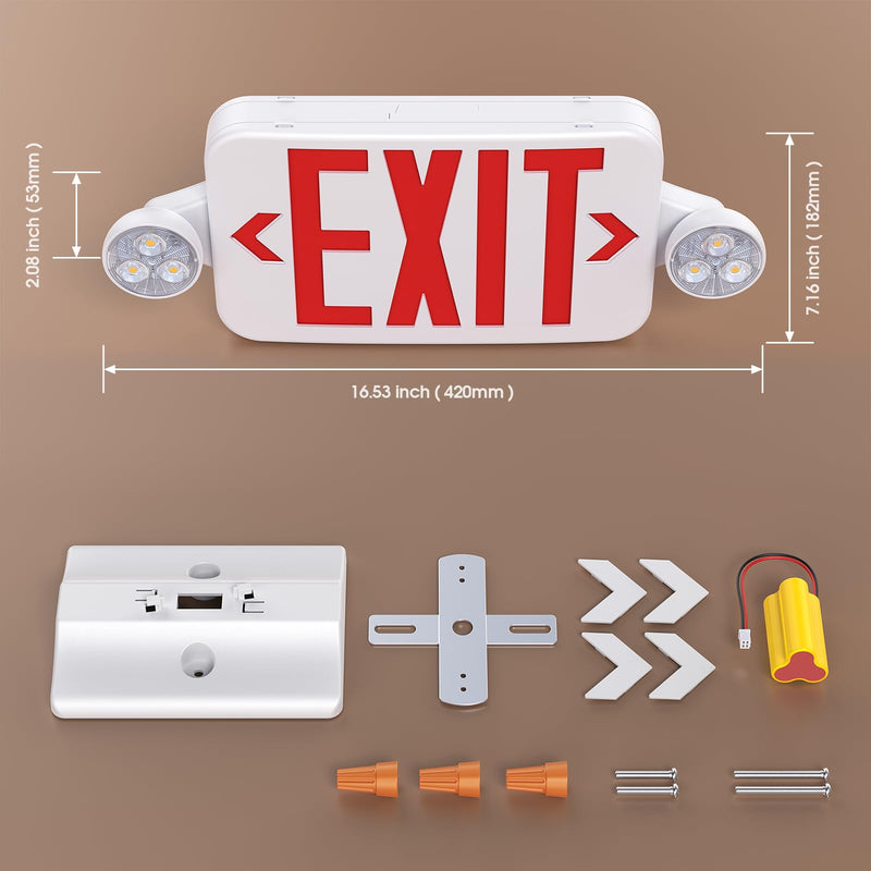 Emergency Sign Combo with Battery Backup, Double Sided Hardwired 6 LED Exit Sign, Adjustable Head Red Emergency Exit Light - Ceiling/Wall Mount, UL Listed, AC 120/277V (1 Pack) 1 Pack
