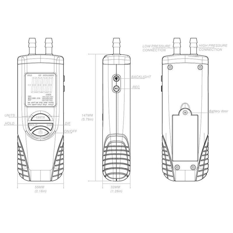 [Australia - AusPower] - Digital Manometer, Dual Port Air Pressure Meter Pressure Gauge HVAC Gas Tester, Differential Pressure Manometer with 5/16 Inches Diameter Pressure Port, Hti-Xintai 5/16 Inches Diameter Port 