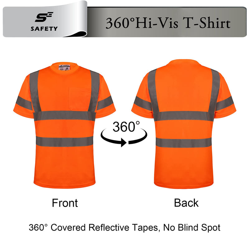 sesafety High Visibility Shirt for Men Hi-Vis Construction Work Shirt with Pocket and Reflective Strips Safety Short Sleeve Tshirt Class 3 Orange 3XL