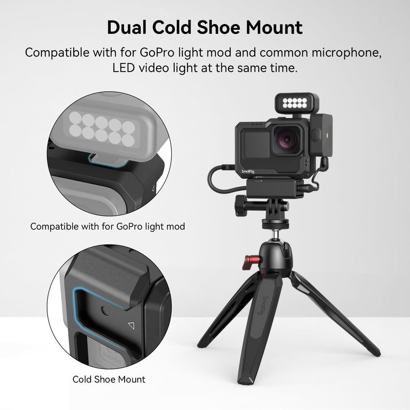 [Australia - AusPower] - SmallRig Hero12 / Hero11 / Hero 10 / Hero 9 Black Cage for GoPro, with 2 Cold Shoe Mount for GoPro Light Mod and Common Microphone, Led Video Light - 3083C 