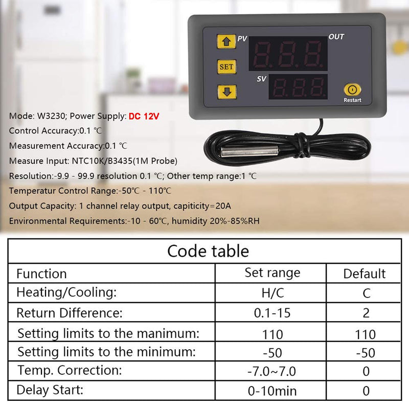 Greluma W3230 DC 12V Digital Temperature Controller, 20A LED Display, Thermostat Control Switch with NTC 10K Sensor Probe, Range from -50°C to 110°C, Pack of 2 12 V temperature controllers 1-2