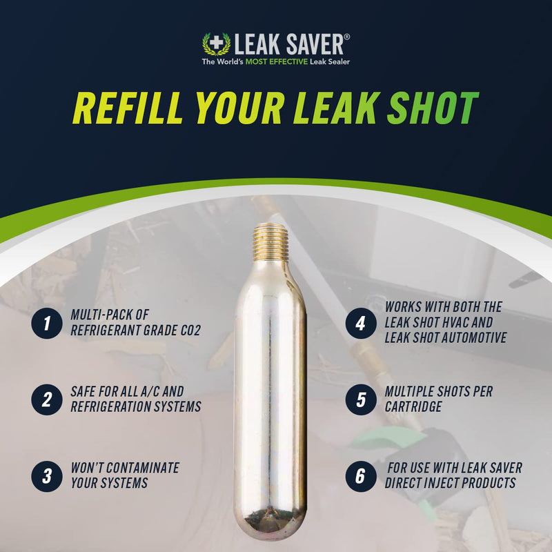 Leak Saver - Leak Shot Refrigerant Grade CO2 Refill Cartridges (8 Pack) - Refill for The Leak Shot HVAC Kit (Sold Separately) - for A/C & Refrigeration Systems - USA Made 8 Pack