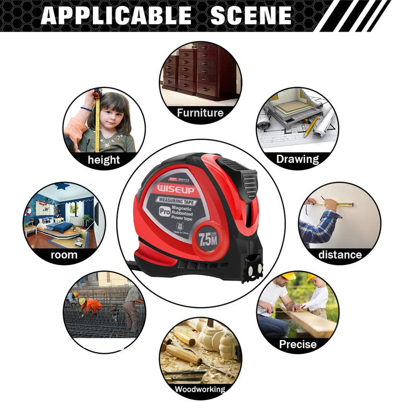WISEUP Industrial Magnetic Tape Measure with Fractions 1/8 and Metric,Easy to Read,Measuring Tape with Belt Clip for Surveyors,Engineers,Household,Carpentry,Construction (1, 16 FT) (25 FT*2) 25 FT*2