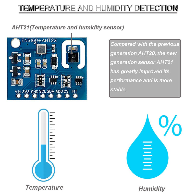 [Australia - AusPower] - ENS160+AHT21 Temperature and Humidity Sensor Carbon Dioxide CO2 eCO2 TVOC Air Quality Module 3 in 1 Sensor High-Precision with Dupont Cable,for Arduino ENS160+AHT21 