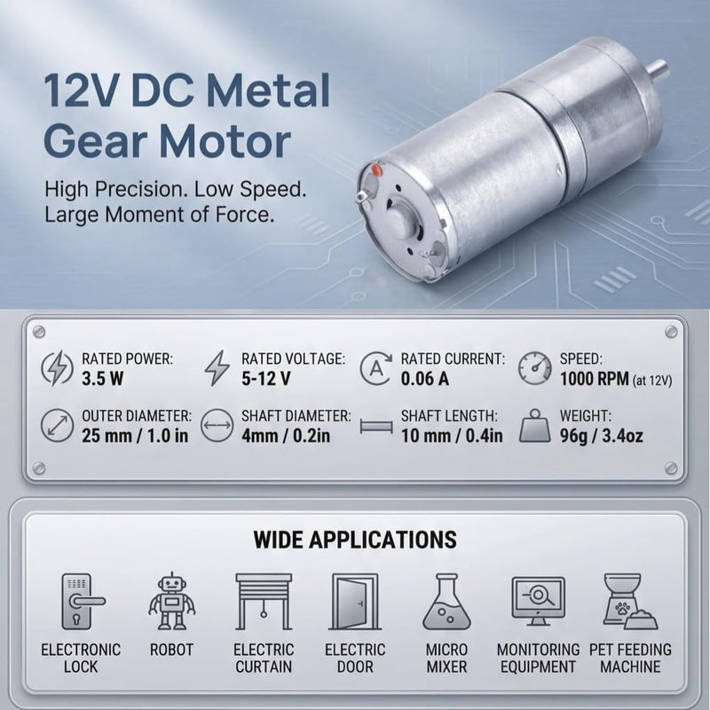 DC Gear Motor 25mm 12V 1000RPM Metal Gear Motor for Electronic Lock (12V 1000RPM)