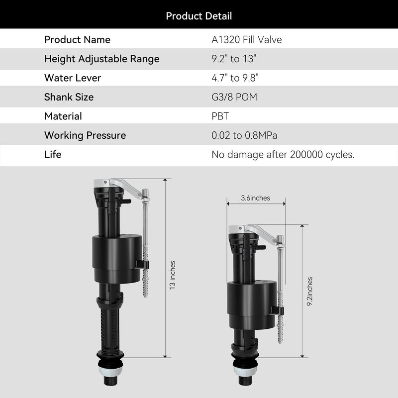 R&T Toilet Fill Valve A1320, Toilet Repair Kit Inside Tank, Universal Toilet Replacement Kit, Quiet and Fast Stop Toilet Leaks, Height Adjustable, Easy to Install No Plumber Required