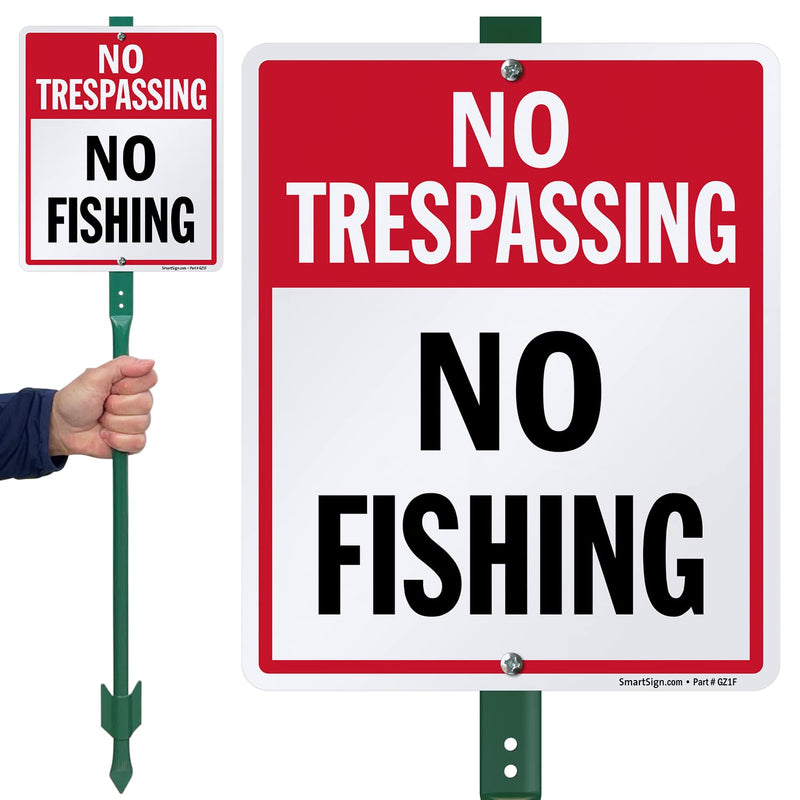 SmartSign 12 x 10 inch “No Trespassing - No Fishing” LawnBoss Yard Sign with 3 foot Stake, 40 mil Laminated Rustproof Aluminum, Red and White, Set of 1 10" x 12" sign with 3' Stake