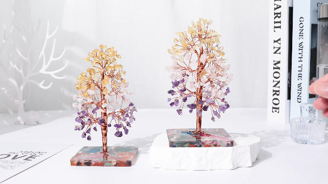 mookaitedecor Natural Crystal Money Tree with Agate Crystals Base #01-yellow+pink+purple