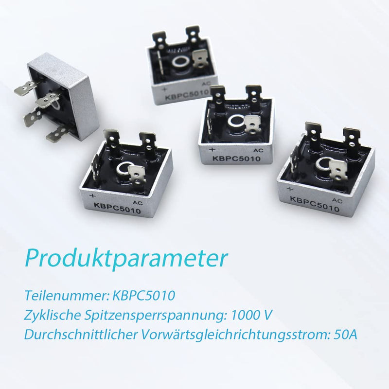 5 Piece KBPC5010 Bridge Rectifier Diode Set, 50 A 1000 V Single Phase Full Wave Metal Housing 4 Pin Through Hole