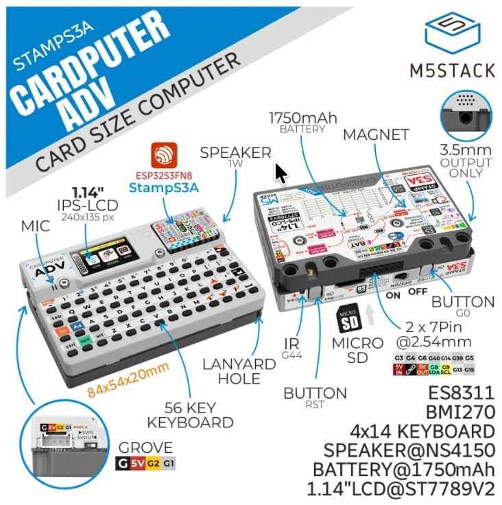 M5Stack Cardputer Adv Version (ESP32‑S3) Official Cardputer Av Kit - ESP32-S3 Based Card-Size Programmable Pocket Computer with 56-Key QWERTY Keyboard, 1.14" IPS Display, Extended