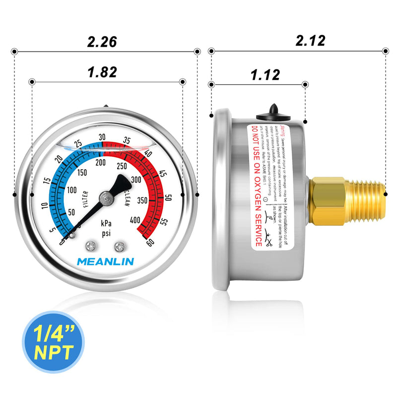 [Australia - AusPower] - MEANLIN MEASURE 0-60psi Pressure Gauge, 2-Inch Dial Glycerine Filled Pool Filter, 304 Stainless Steel Housing, Center Back Mount, 1/4" NPT With 1/2" and 3/8" NPT Hex Bushing 0-60Psi/0-400Kpa 