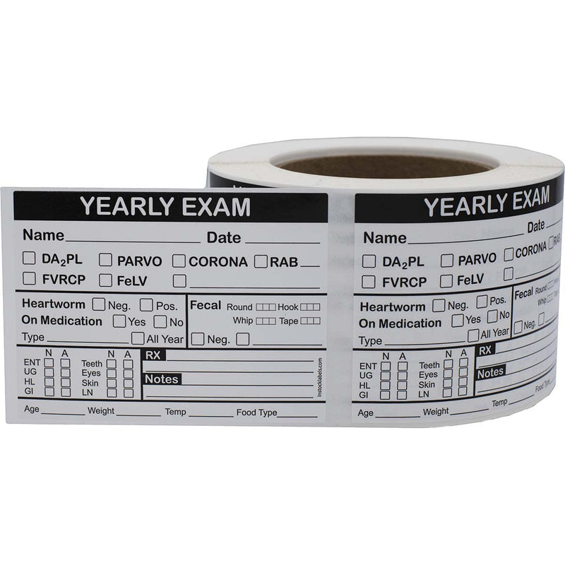 Yearly Exam Veterinary Labels 3 x 4 Inch 100 Total Stickers