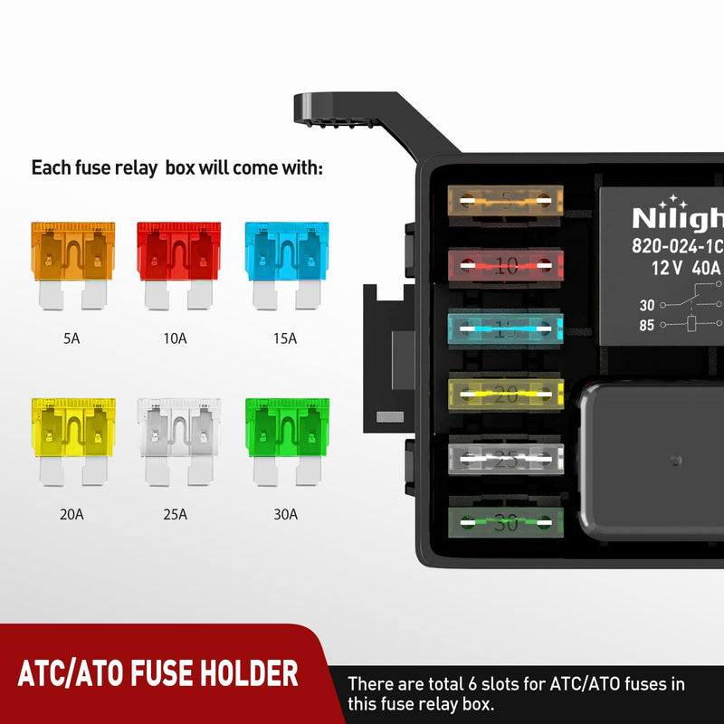 [Australia - AusPower] - Nilight 12V Fuse Relay Box 6 Relays 6 Slots ATC/ATO Blade Fuse Holder 4Pin 5Pin Terminal 40A Relay Pre-Wired Waterproof Block Kit Universal for Automotive Car Truck Camper Boat Fuse and Relay Block Pre-Wired 