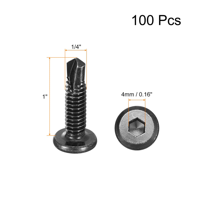 [Australia - AusPower] - uxcell Hex Socket Self Tapping Screws, 1/4 x 1" 410 Stainless Steel Sheet Metal Flat Head Drilling Screw 100pcs, Black 1/4 x 1" 