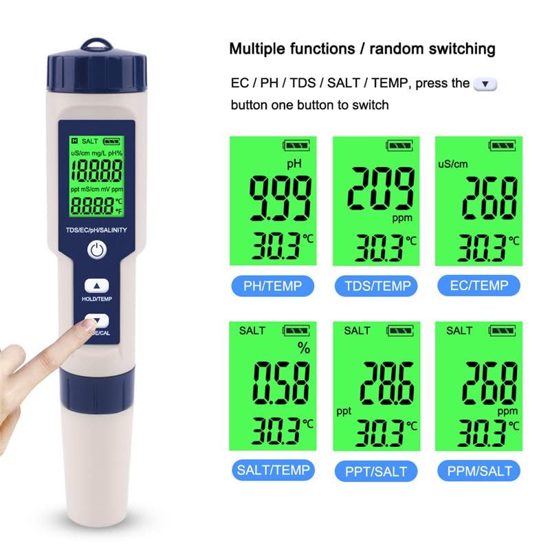 [Australia - AusPower] - Pool Salt Tester & PH Meter, Hofun Digital Salinity Meter and PH Tester for Pool Saltwater and Drinking Water, 5 in 1 Salinity PH Temp EC and TDS Meter Swimming Pool Hot Tub Spas, High Accuracy 