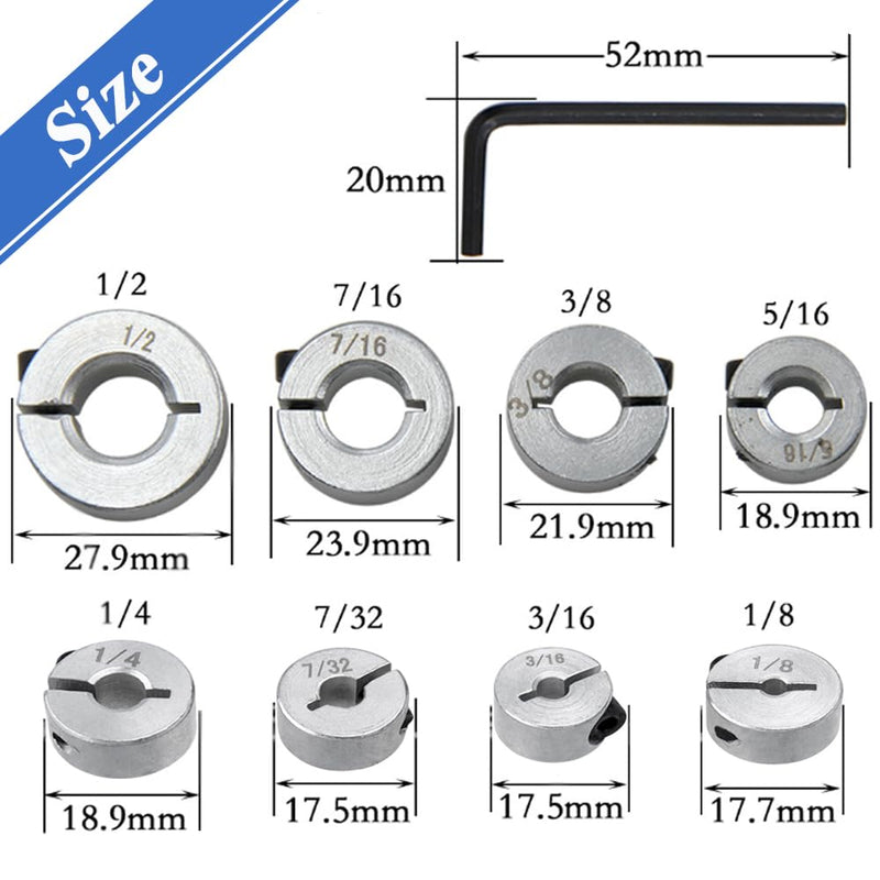 [Australia - AusPower] - 8 Pcs Drill Bit Stop Collar Set Split Ring Clamping Shaft Collars Drilling Limit Ring Drill Depth Stop Bit with M5 Set Screws (Imperial 1/2", 7/16", 3/8", 5/16", 1/4", 7/32", 3/16", 1/8") 