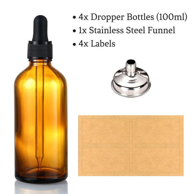 [Australia - AusPower] - AOZITA 4 Pack, 100ml Dark Amber Dropper Bottles with 1 Funnels & 4 Labels - 3.4oz Brown Glass Tincture Bottles with Eye Droppers for Essential Oils, Liquids - Leakproof Travel Bottles Blank Dropper 