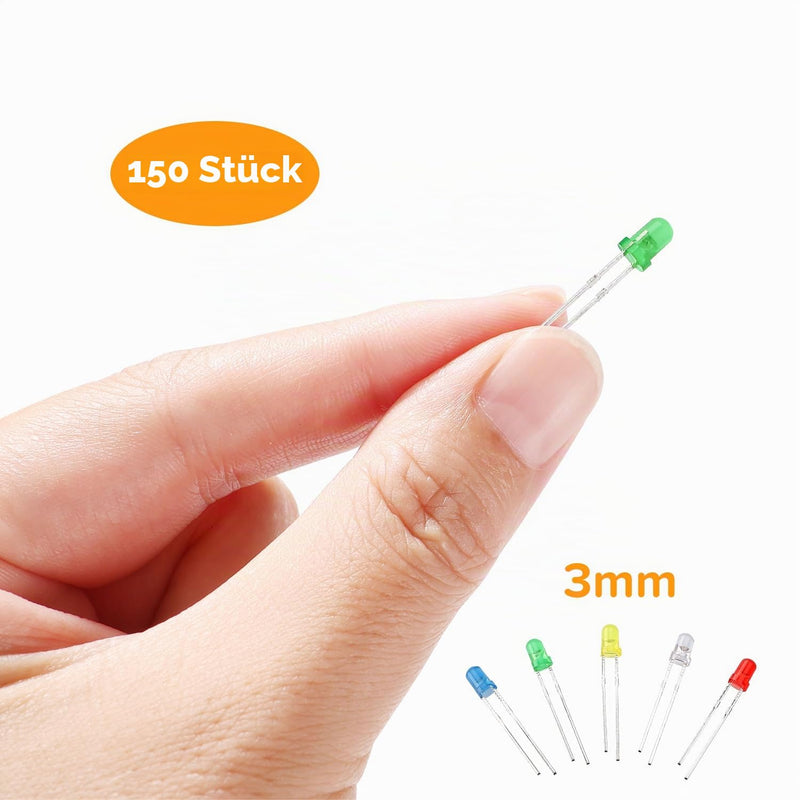 150 pieces 3 mm LED diodes, 2-pin light-emitting diode, round head LED diode, white/green/red/blue/yellow 3mm
