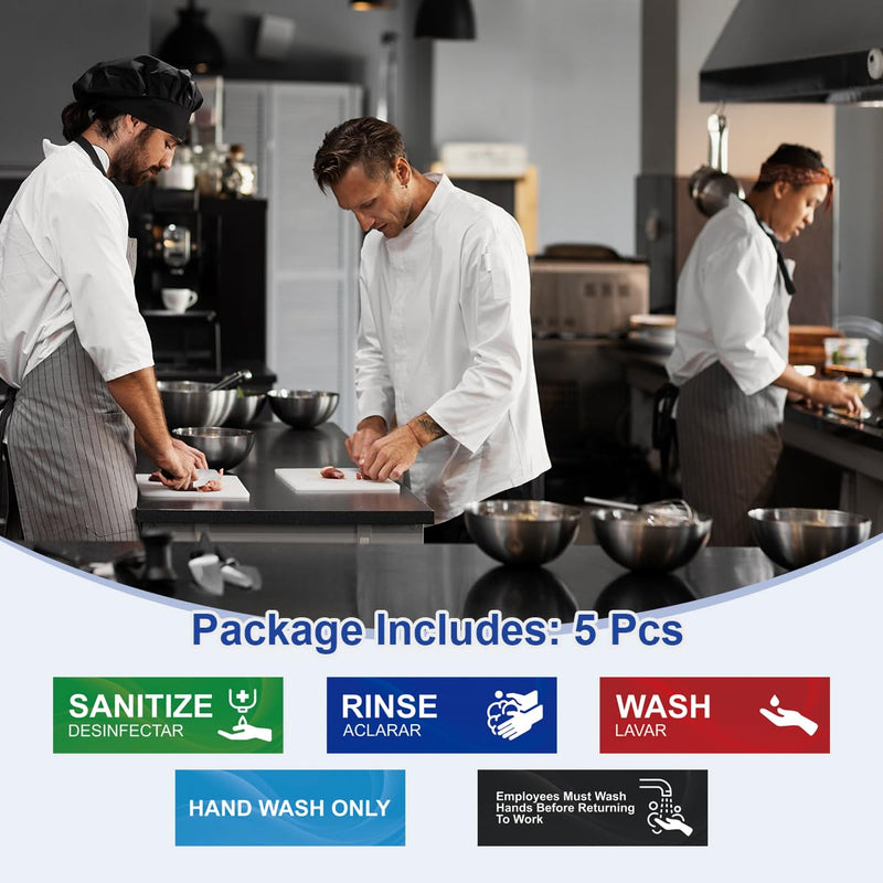 Magicfour Wash Rinse Sanitize Sink Labels, 6”x2” Small Size, 5 Pack 3 Compartment Sink Signs, Waterproof Sticker for Wash Station, Commercial Kitchens, Restaurant, Food Trucks, Dishwashing 5Pcs Sink Labels 6”x2“