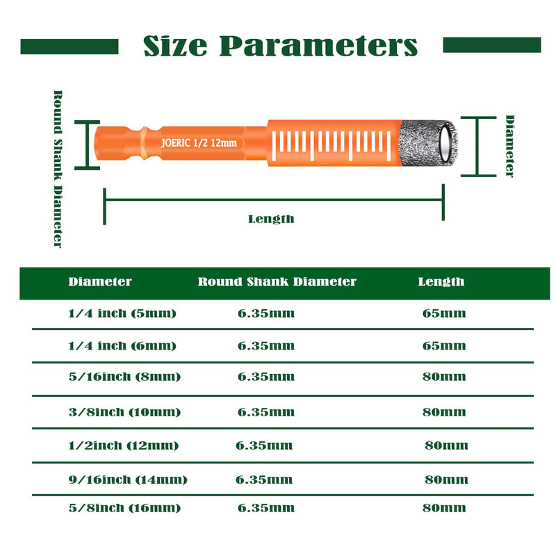 9 PCS Orange Dry Diamond Drill Bits Set, Hex Shank Diamond Hole Saw Kit with Storage Bottle, for Granite Marble Tile Ceramic Stone Glass Hard Materials (Not for Wood) with Size 3/16'' to 5/8''