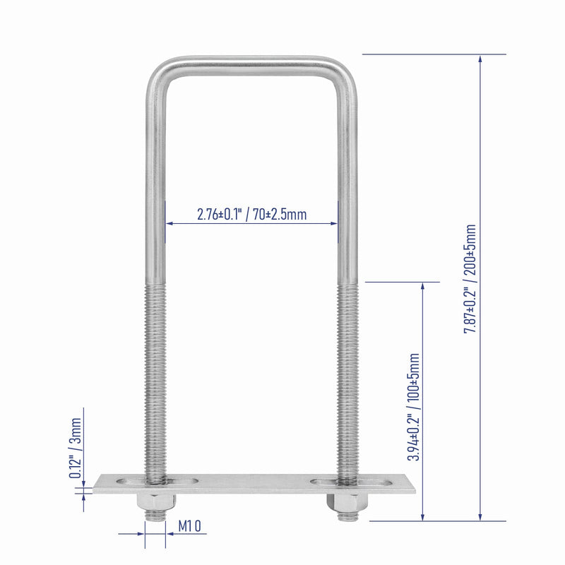 [Australia - AusPower] - 304 Stainless Steel Square U-Bolts 2-3/4"(70mm) Inner Width, 7.87"(200mm) Length Stainless M10 with Nuts, Frame Plate, Accessories for Automobiles Trailer, Boat Trailer Industrial Parts 70×200mm (W*L) 