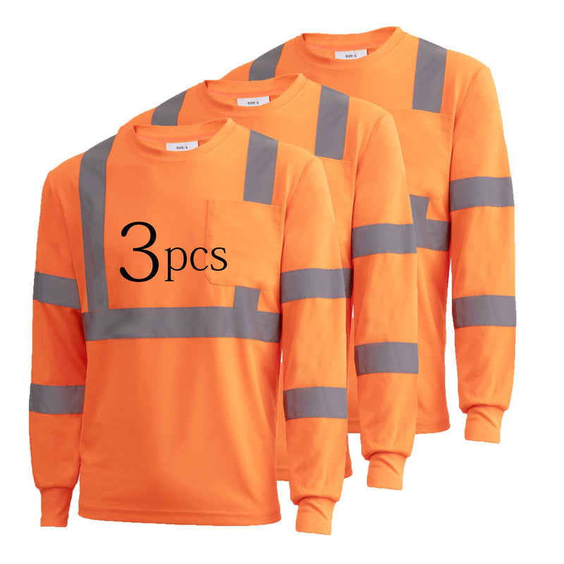 Class 2 High Visibility Shirts for Men Long Sleeve Work Shirts with Pockets Reflective Strips for Outdoor Work Large 3pcs Orange