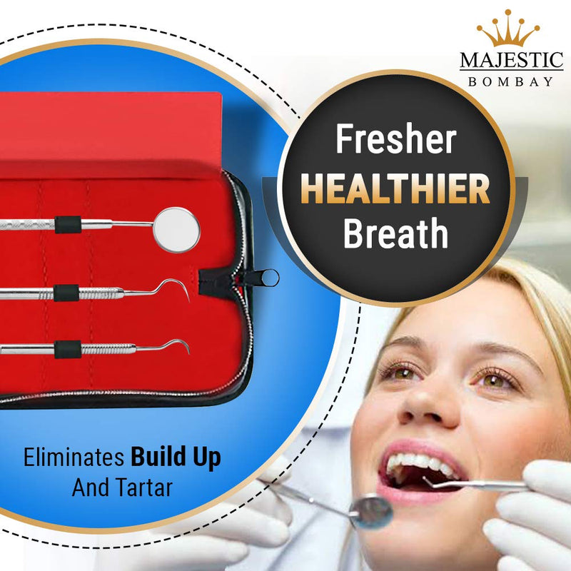 [Australia - AusPower] - Dental Hygiene Tool Kit - includes Stainless Steel Tarter Scraper/scaling Remover, Dental Toothpick, Mouth Mirror - by Majestic Bombay- Dentists Tools Set Is Ideal for Personal Use & Pet Friendly 