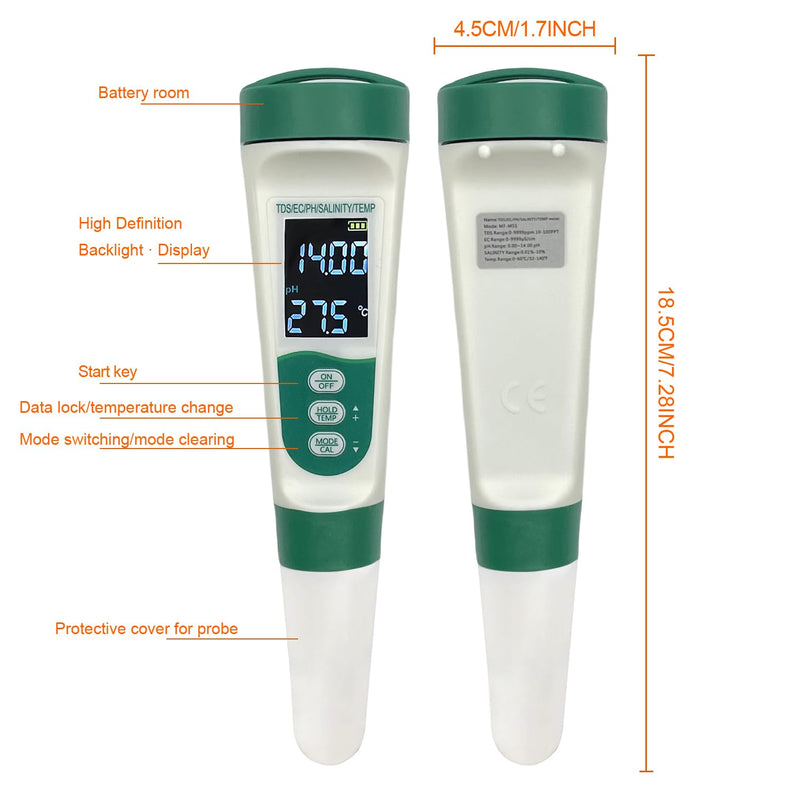 [Australia - AusPower] - Aquarium Salt Tester - Pool Test Strips, Digital PH Meter for Water, Aquarium Monitoring Tool, Pond Checker, Fish Tank Water Analyzer, 5-in-1 Salinity, PH, TDS, EC, and Temperature Meter 