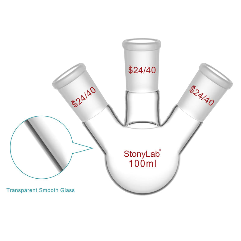 StonyLab Borosilicate Glass 3 Neck Round Bottom Flask RBF, with 24/40 Center and Side Standard Taper Outer Joint – 100ml 100 ml