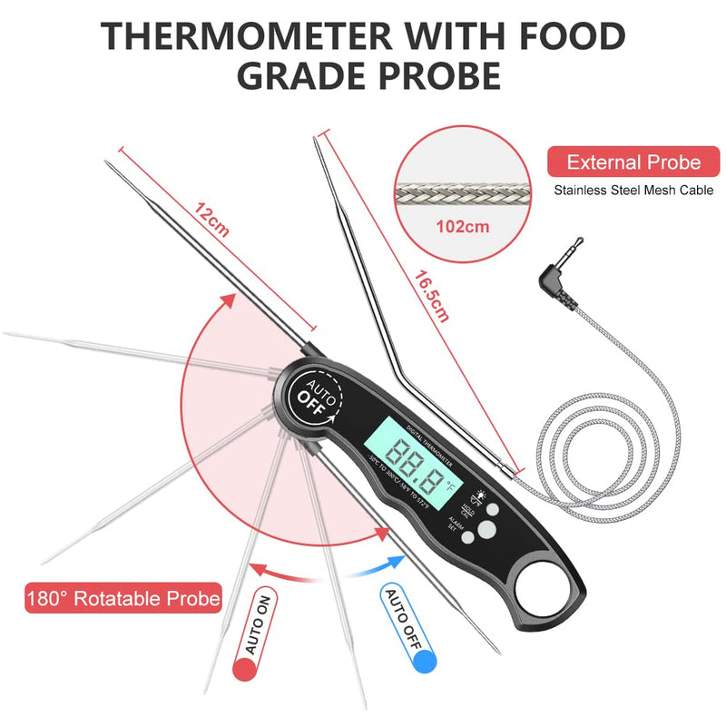 [Australia - AusPower] - CIRYCASE Digital Meat Thermometer, Instant Read Roasting Thermometer, Grill Thermometer, External Probe with 2 Long Probes & Magnet, Alarm Function, Thermometer Pointer Thermometer for Kitchen, BBQ 