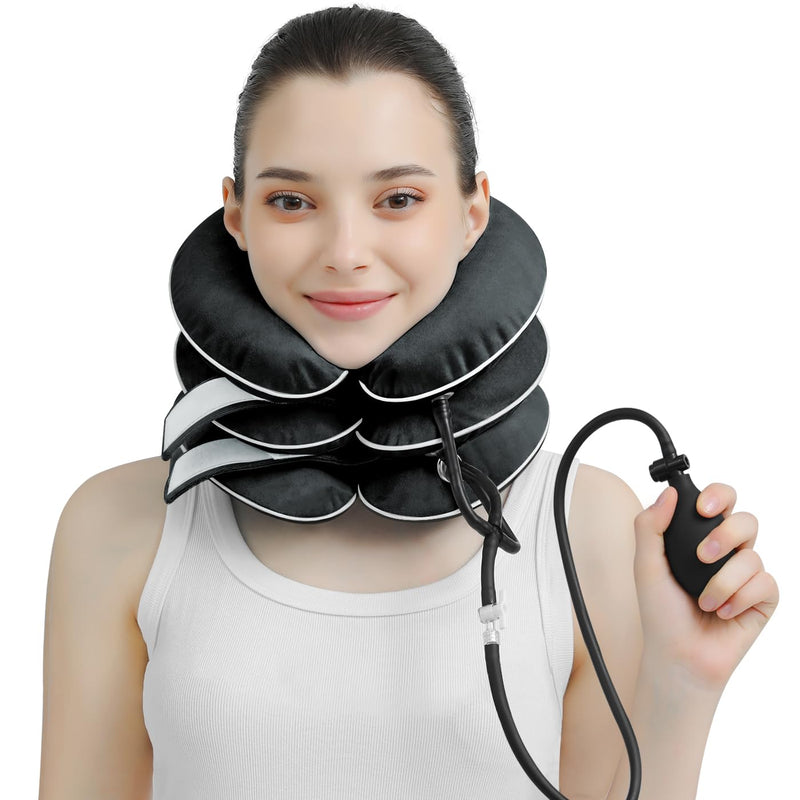 [Australia - AusPower] - Cervical Neck Traction Device for Neck Pain Relief - Inflatable Neck Stretcher Traction Collar for Neck Decompression - Best Home Use Neck Brace, Neck Traction Pillow, Neck Pump (Black Plush) 