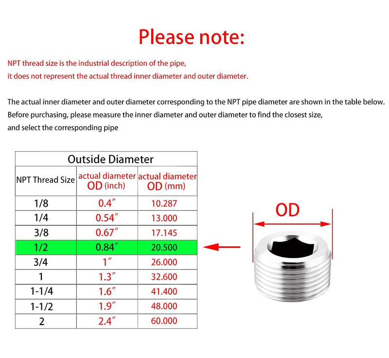 [Australia - AusPower] - Stainless Steel Internal Hex Countersunk Male Thread Pipe Plug Connector, 1/2" NPT Male (pack of 5) 1/2"(5 pcs) 